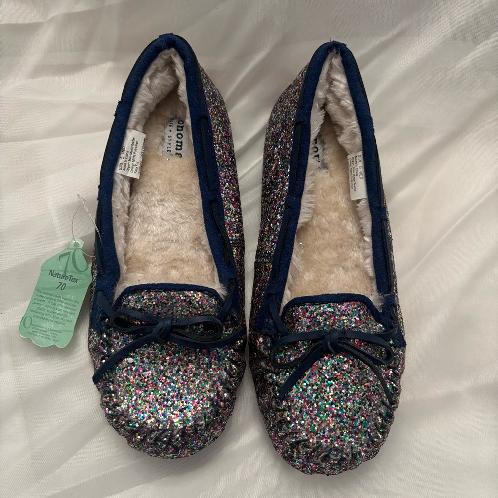 Sonoma Goods For Life Pembroke Kids' faux fur clogs in a glitter finish.